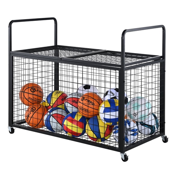 SKYSHALO Rolling Sports Ball Storage Cart with Lockable wheels Garages Sports Equipment Organizer for Gym, School, Club 45''x24''x25''