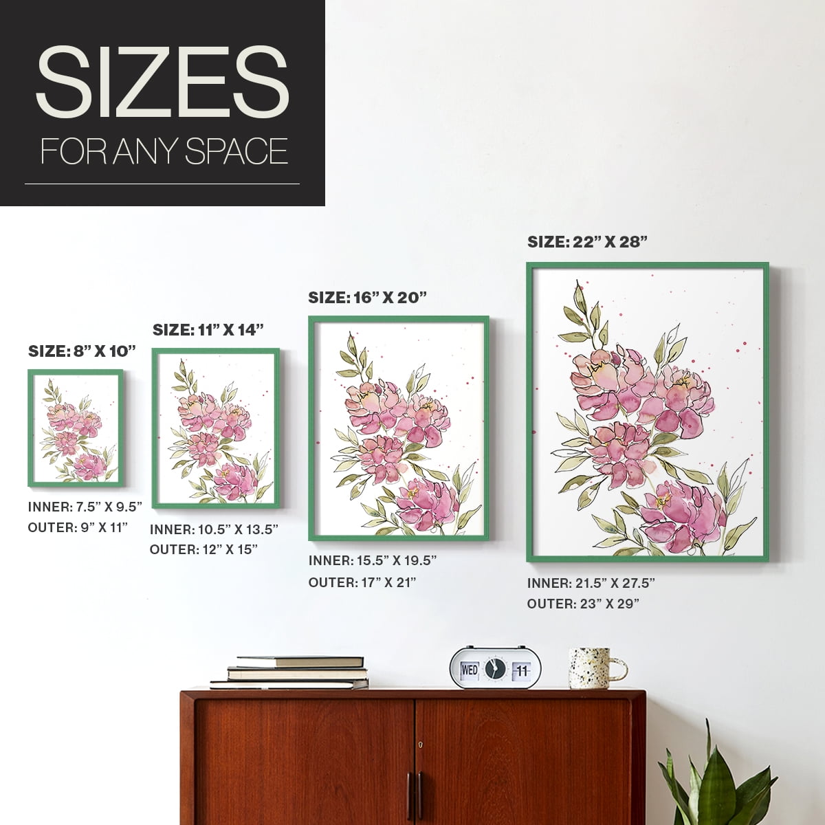 Watercolor Blooms I Framed Print in Green Solid Wood 8 x 10 Framed Print