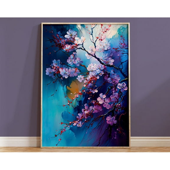 Cherry Blossom Japanese Flower Art Print Sakura Branch Blue Pink Purple Gift For Nature Lover Wall Decor Acrylic Style Colourful Abstract Wall Art, Modern Wall Decor, 8x12 UNFRAMED