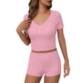 thumbnail image 2 of PNTUTB Women's Solid Color V Neck Slim Short Sleeve Cropped Top with Stretch Shorts Casual Activewear Set, 2 of 6