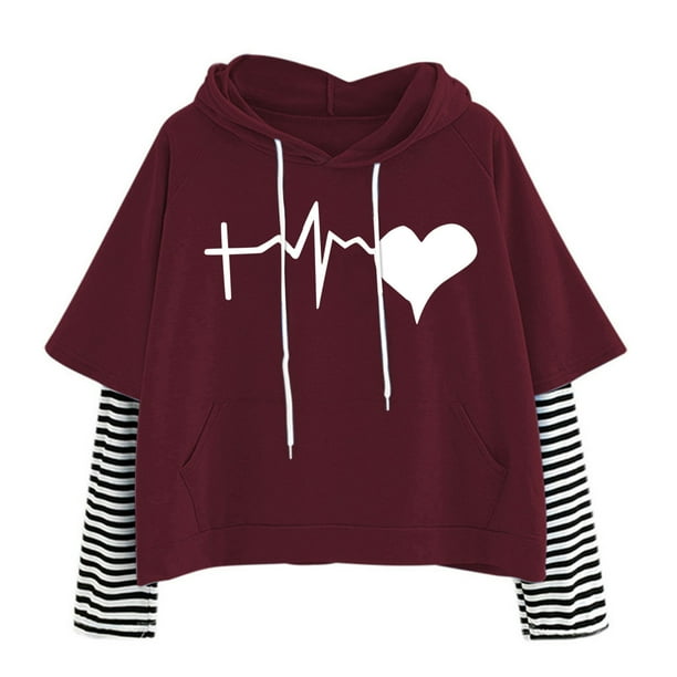 Mujeres Casual Loved Impreso Con Capucha Cordón Jersey Patchwork Rayas Manga Larga Tops Sudaderas Cortas Fridja fksj4567