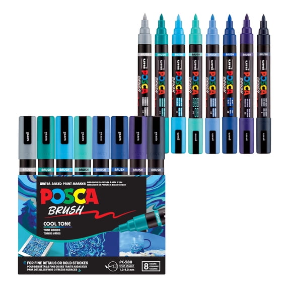 POSCA PC-5BR Water-Based Paint Markers, Reversible Brush Tip, 1.0–4.0 mm, Cool Tone Colors, 8 Count