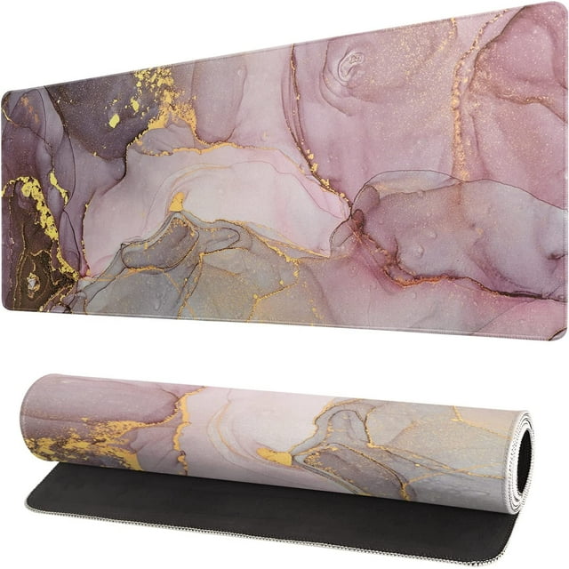 Rose Gold Marble Mouse Pad Abstract Pink Desk Mat 31.5x11.8 Inch Marbled Texture Non-Slip Rubber Base Mice Pad Extended Large Mouse Mat Desk Pad Stitched Edges Keyboard Mouse Mat Desk Pad