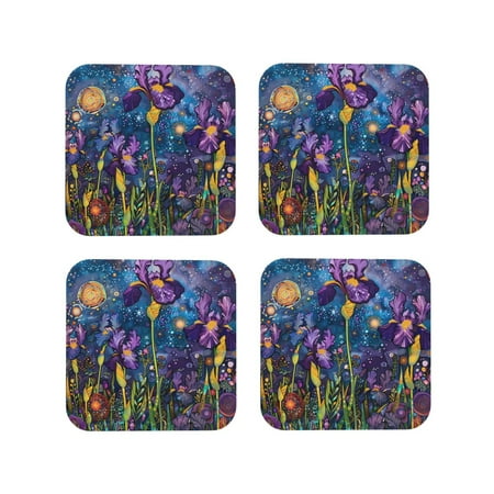 

Honeii Cosmic Purple Irises Print Leather Coaster Set of 4 Ideal for Safeguarding Your Furniture from Drinks Spills and Effortless Cleanup-Square