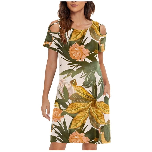 PIMOXV Robes d'Été pour Femmes 2023 Décontractées à Fleurs Croisées Épaules Dénudées Col Rond Manches Courtes avec Poches Robe Mini Longues Robes de Maternité
