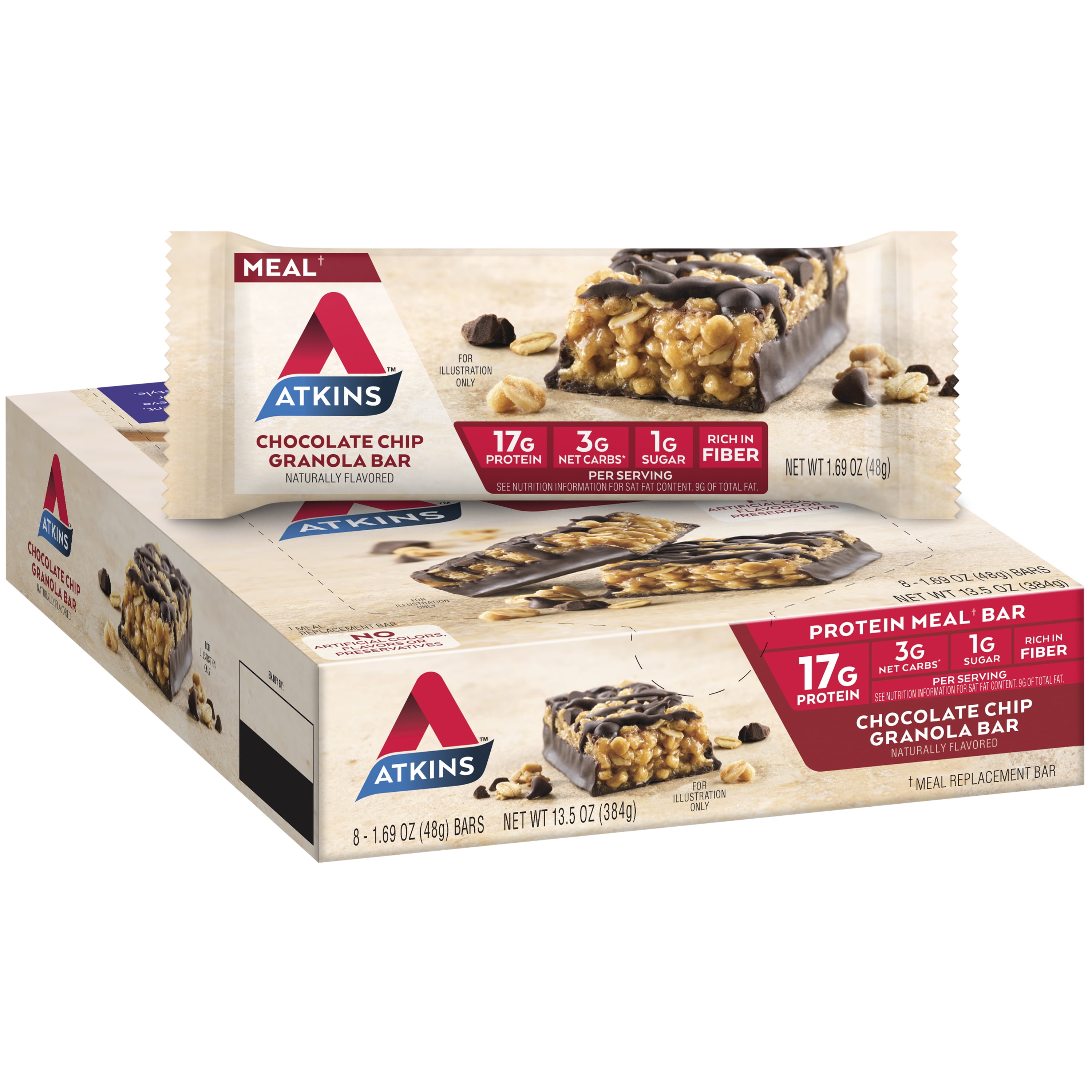 Atkins Chocolate Chip Granola Protein Meal Bar, High Fiber, Low Sugar, Meal Replacement, Keto Friendly, 6/8 Packs