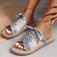 thumbnail image 3 of IUJSOY Straw Slide Sandals for Women Open Toe Lace up Mesh Embroidery Band Slip on Summer Flats, 3 of 5
