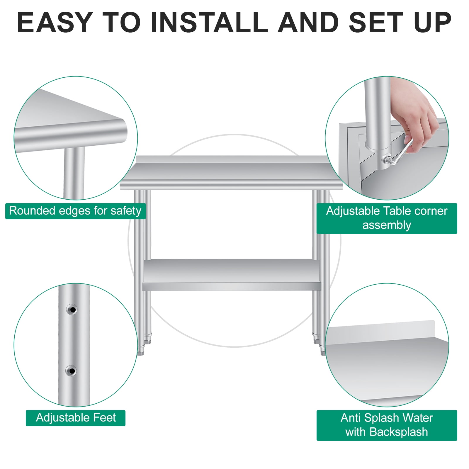 Stainless Steel Prep Table with Backsplash - Adjustable Undershelf - Commercial Kitchen Worktable for Restaurant, Home, Outdoor - Size 48x24 Inch
