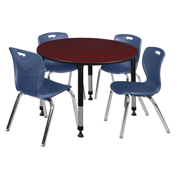 Kee 48" Round Height Adjustable Classroom Table - Mahogany & 4 Andy 18-in Stack Chairs- Navy Blue