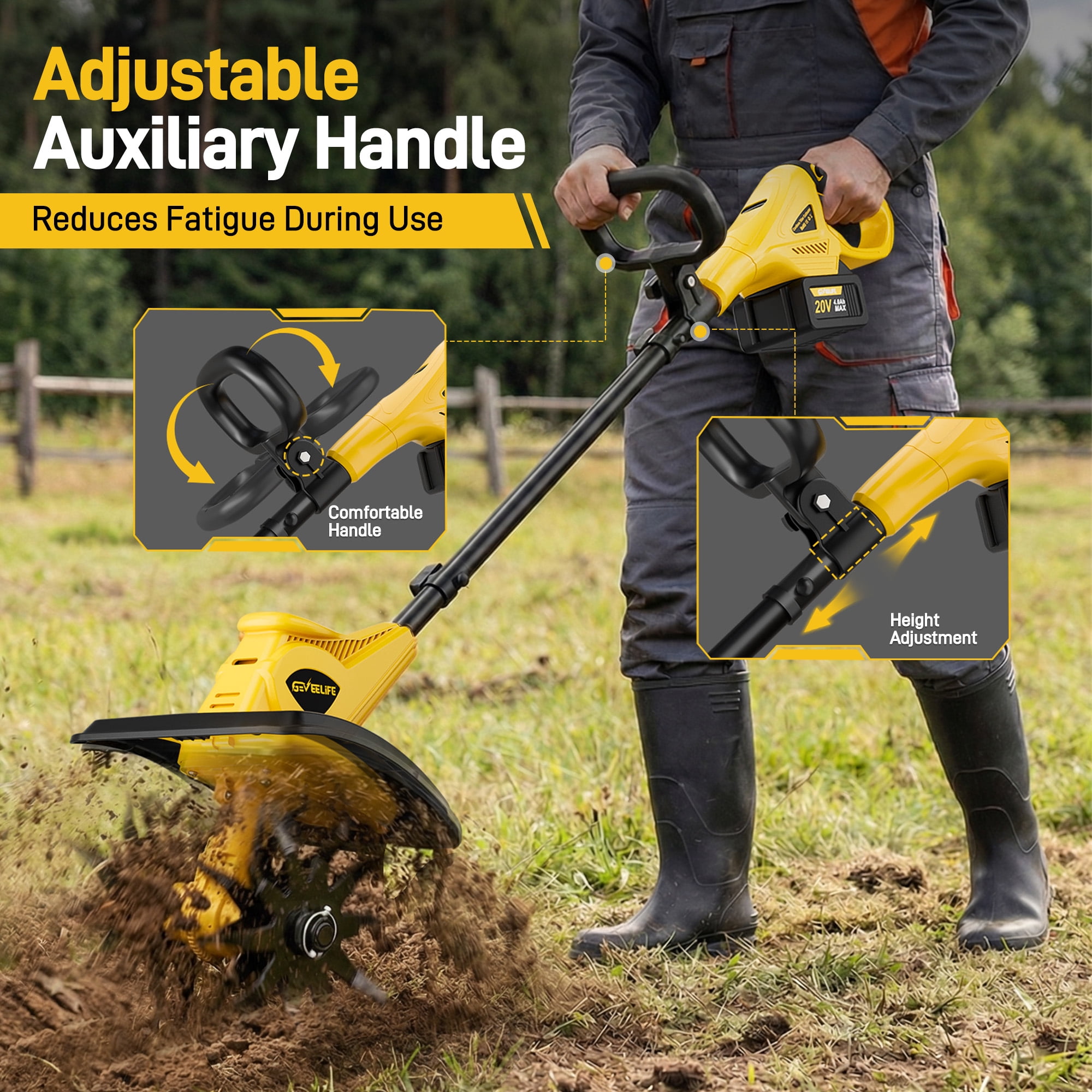 20V Cordless Tiller Cultivator with Dual 4.0Ah Batteries, Brushless Motor and Steel Tines for Garden Care
