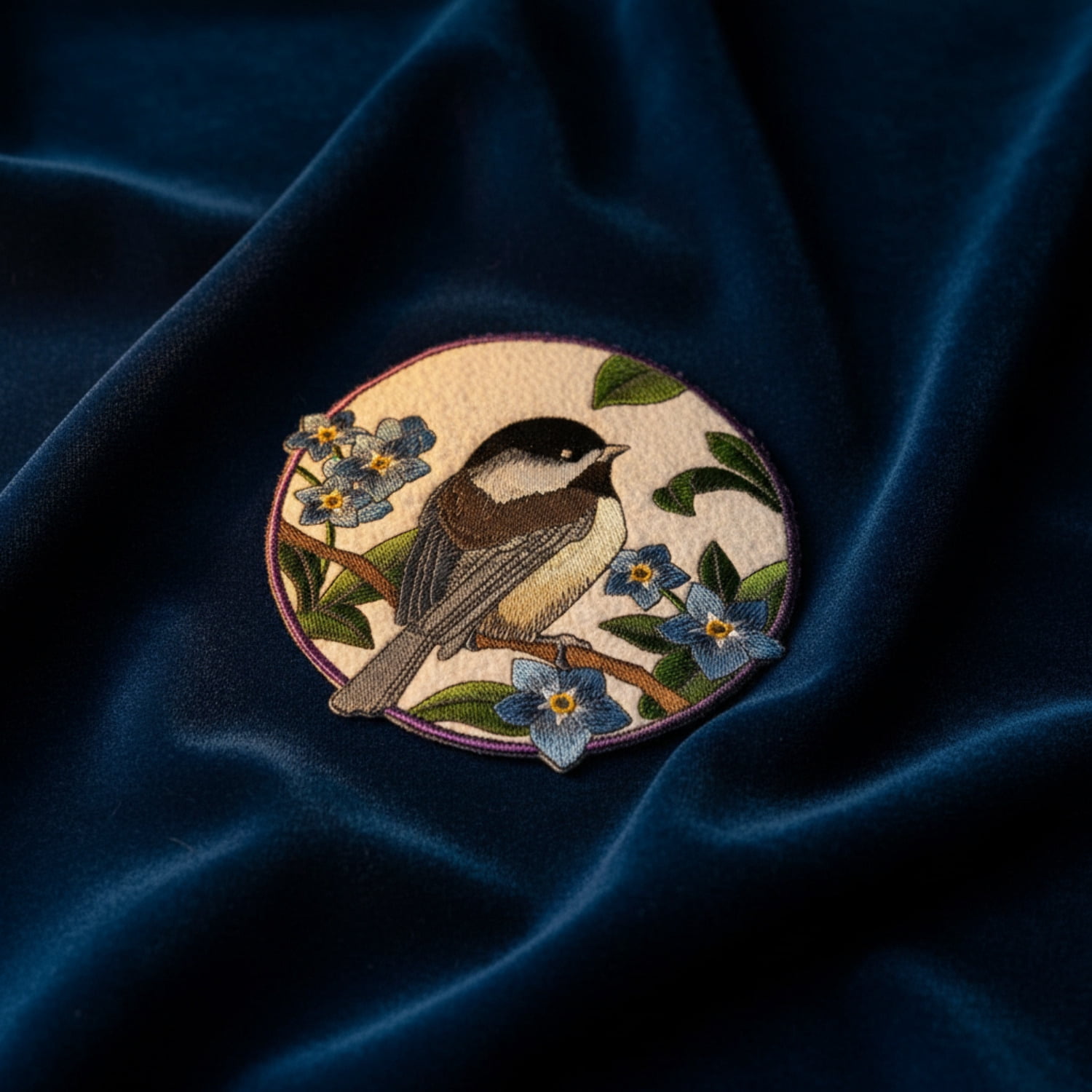 Chickadee  Forget-Me-Not Circle Embroidered Patch (5.85" x 6") – Delicate Nature Iron-On or Sew-On Design, USA Made