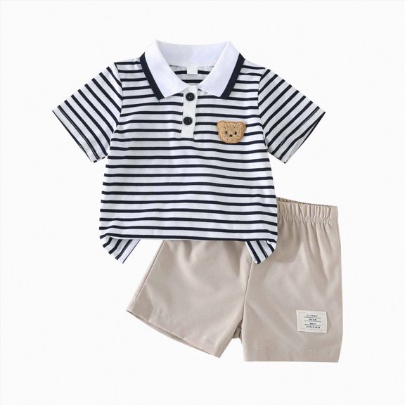 CAICJ98 Baby Boy Shorts Set Summer Clothes Toddler Bear Embroidery Striped Short Sleeve Lapel T-shirt Shorts Outfit (Black,18-24 Months)