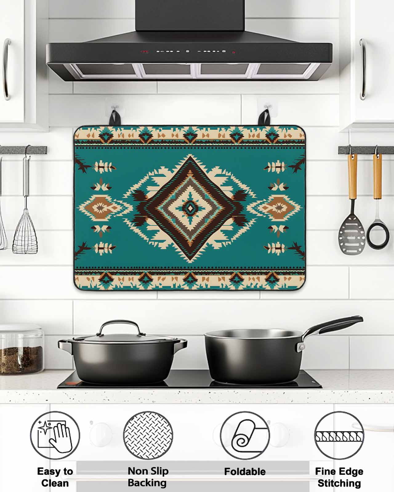 Stove Top Covers for Electric Stove, Green Southwestern Glass Stovetop Cover Protector, Vintage Boho Ethnic Geometric Induction Cooktop Protector Oven Mat for Kitchen Countertop 24"x21"