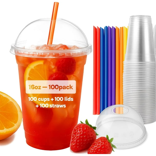 16oz Plastic Cups with Transparent Dome Lids and Colorful Straws – Set of 100 Cups and Straws for Cold Beverages – Dome Lids with Round Holes – Milkshake and Smoothie Cups – 16 oz, Pack of 100 Units