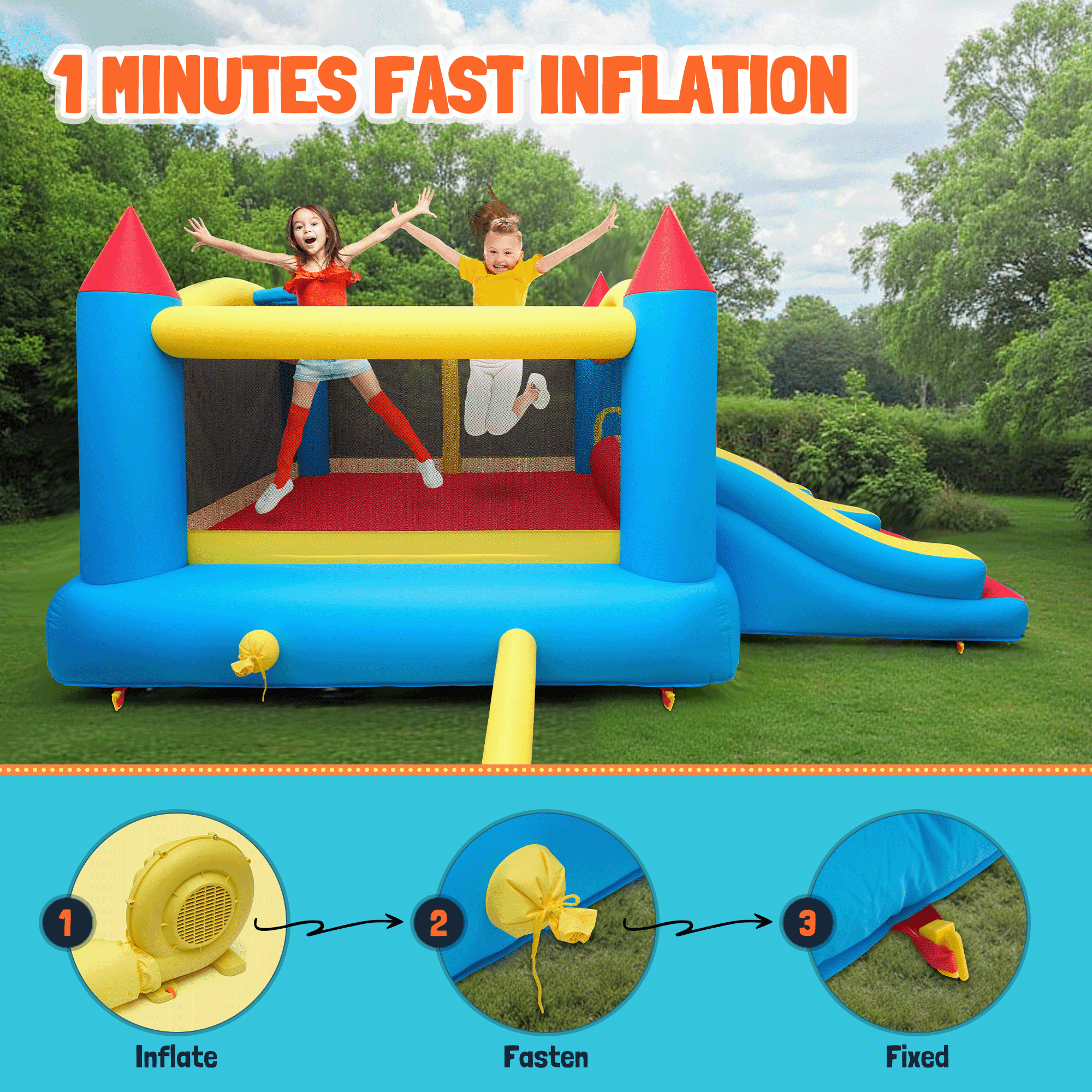 Entil Inflatable Bounce House with Dual Slides & Blower, 13.4x9x6FT, Outdoor/Indoor for Kids Gift, FCC & CPC Certified, Blue & Red