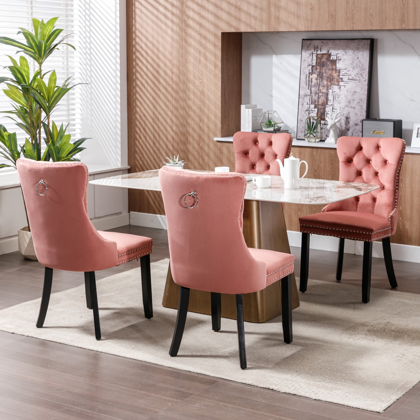 Aukfa High-End Upholstered Dining Chairs Set of 2, Modern Tufted Solid Wood Side Chair with Nailhead Trim - Pink