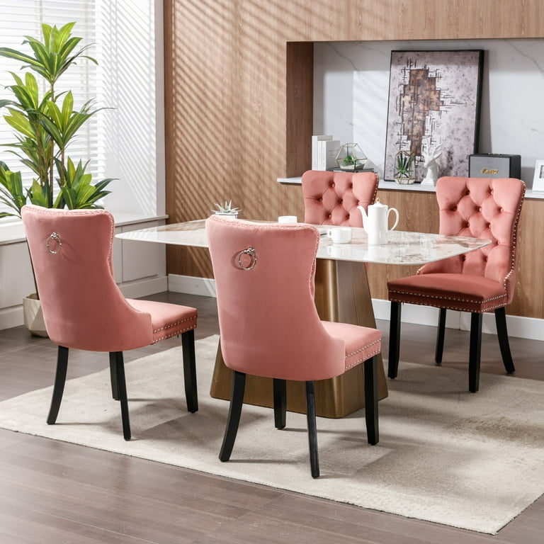 Set of Velvet Upholstered Dining Chairs, Solid Wood, Padded