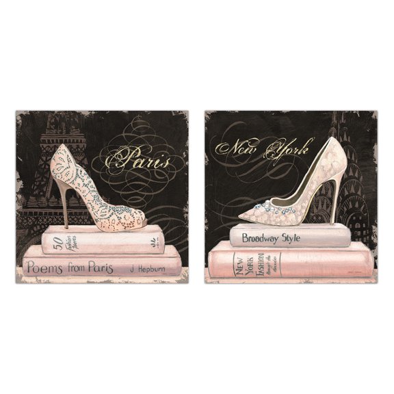 Trendy Paris and New York Eiffel Tower and Empire State Building Pink High-Heels by Marco Fabiano; Two 12x12in Poster Prints