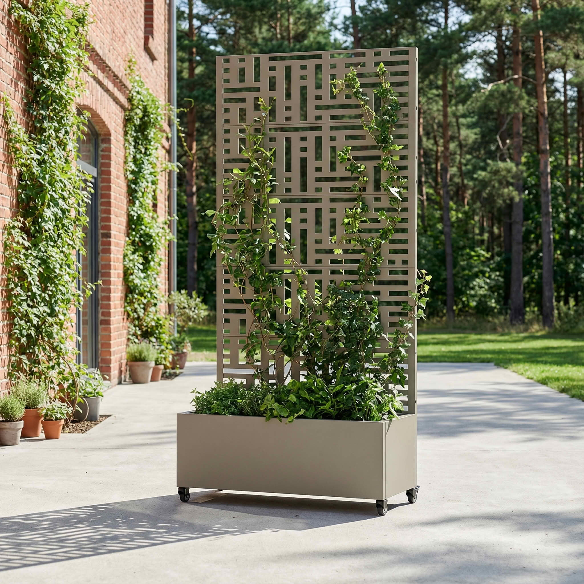 MAYEERTY 72X35" Metal Outdoor Olive Gray Privacy Screen with Planter Box for Backyard & Garden, 5 Piece Set