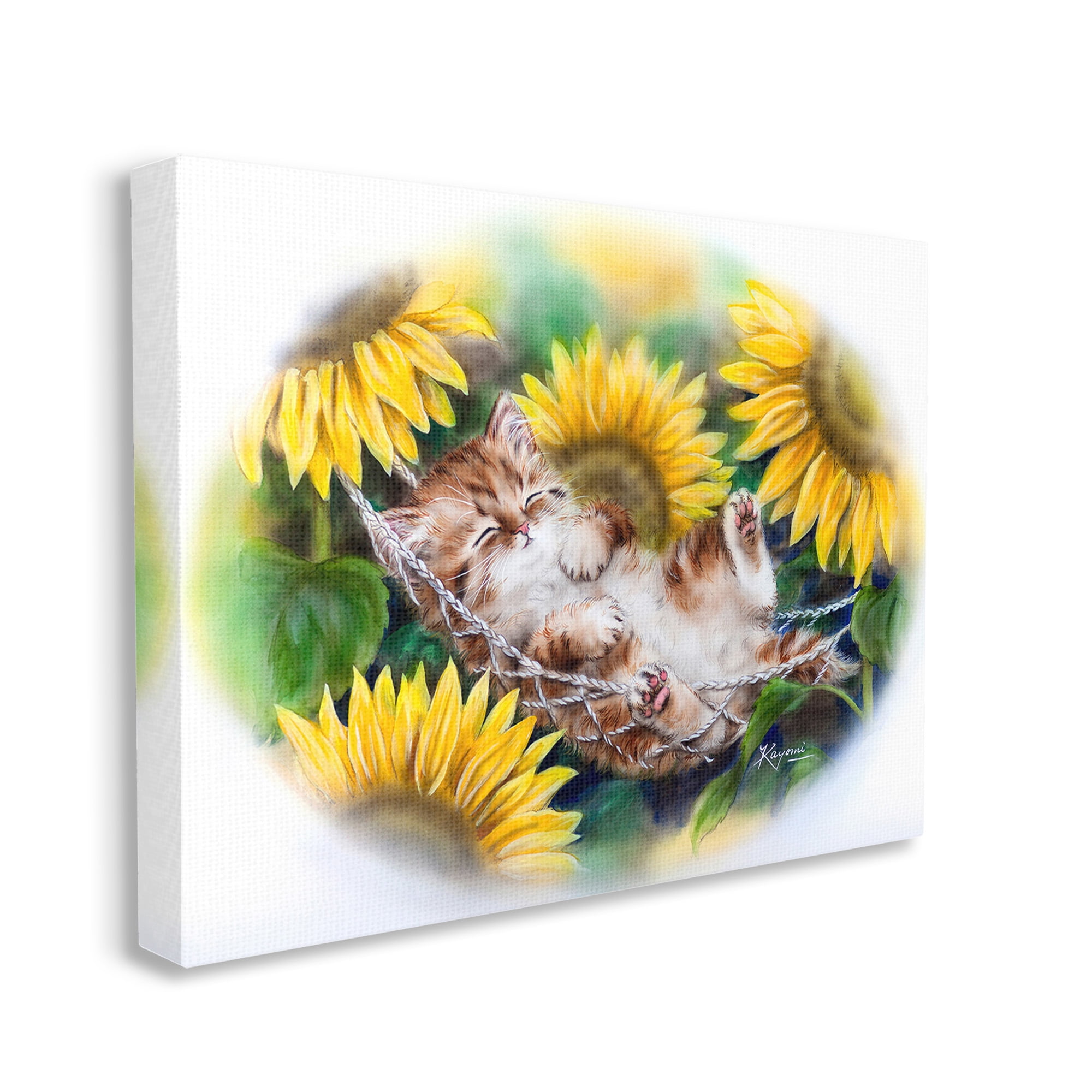 Stupell Industries Kitten Asleep with Sunflowers Animals & Insects Painting Gallery Wrapped Canvas Art Print Wall Art, 30 x 24
