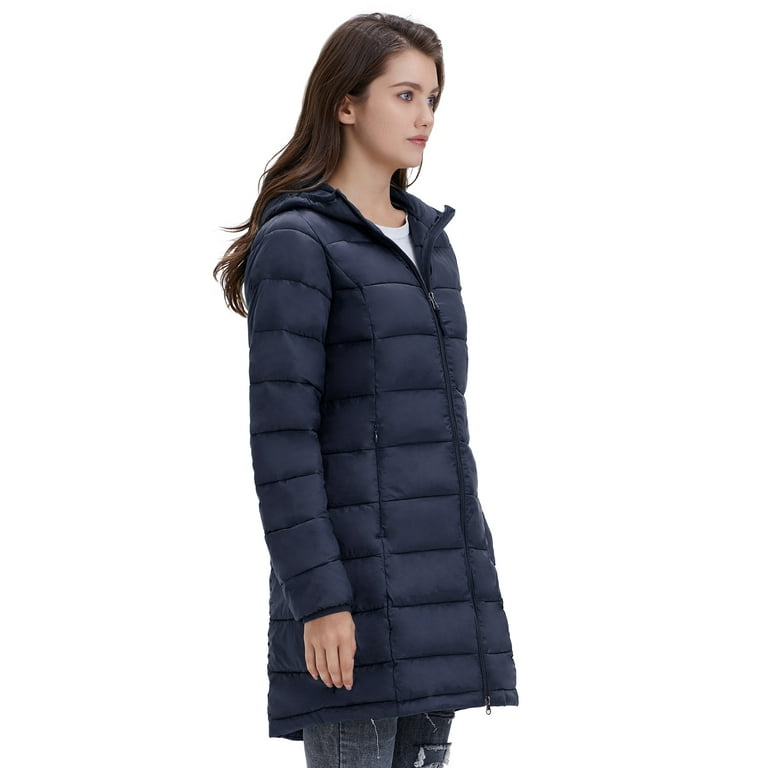 Women s Lightweight Puffer Coat Regular and Plus Size Packable Puffer Coat Long Hooded Puffer Jacket Navy M