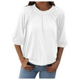 thumbnail image 2 of White T Shirts For Women's Fashion Solid Round Neck T Shirt Blouse 3/4 Sleeve Loose Pleated Tops, 2 of 9
