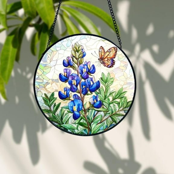 Texas Bluebonnet and Butterfly Stained Glass Suncatcher Floral Window Art Gift for Garden Enthusiasts