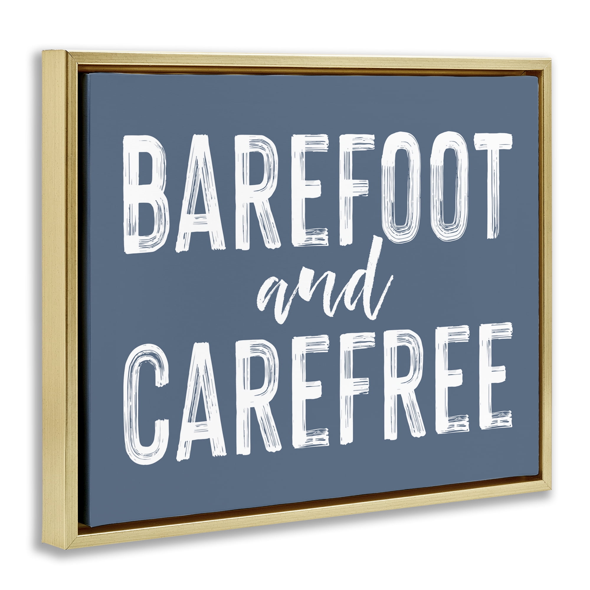 Barefoot & Carefree Blue Gold Framed Floater Canvas Wall Art, design by Lettered and Lined