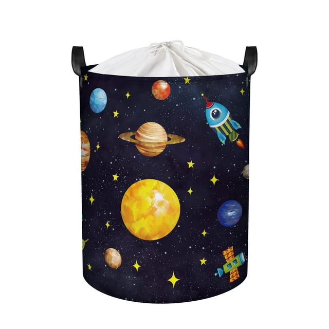45L Cesto Ropa Sucia Niños Infantil de Planeta Espacial Cestas Lavanderia Impermeable con Cierre Cordón Cestos Almacenaje Plegable con Asa para Dormitorios, 36 * 45 cm