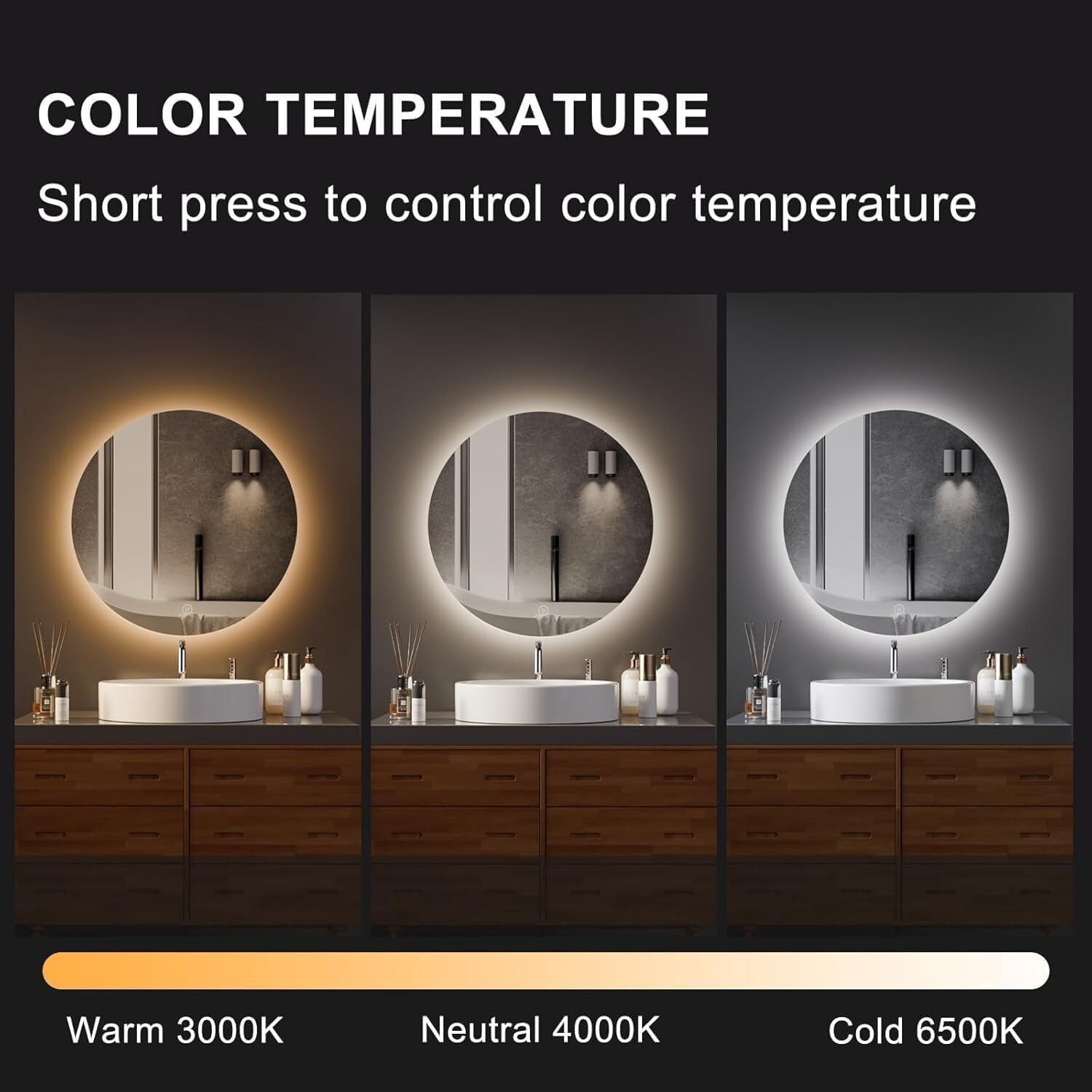 20 Inch Round LED Bathroom Mirror with Lights, Lighted Vanity Bathroom Mirror with Backlit, Stepless Dimmable & 3 Colors (3000K/4000K/6000K), IP54 Waterproof