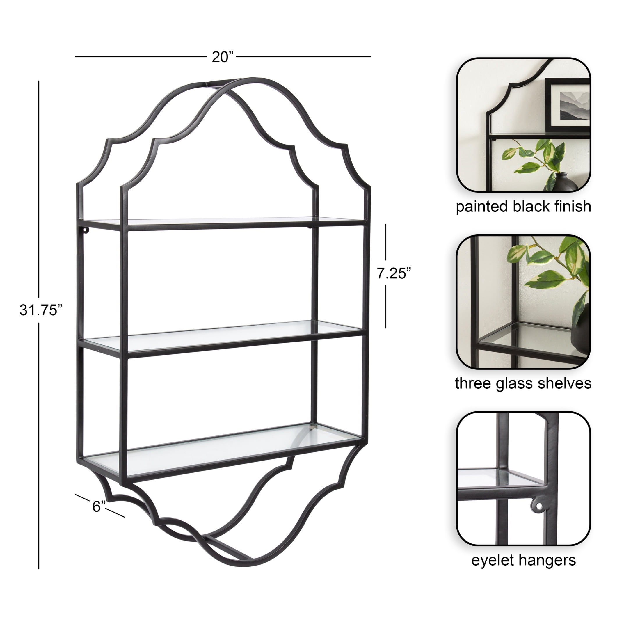 Kate and Laurel Leanna Glam Scalloped Three-Tiered Wall Shelf, 20 x 6 x 32, Black, Decorative Floating Shelf Storage and Wall Organizer for Bathroom Over Toilet Storage or Display