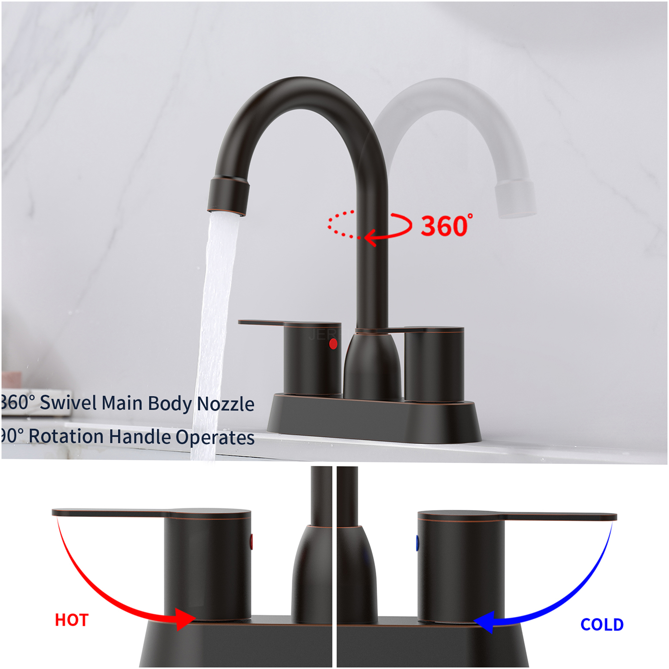 JERFIT Oil Rubbed Bronze Centerset Bathroom Sink Faucet, 2-Handle Modern Vanity Faucet for 2 or 3 Hole Mount, Solid Brass Construction