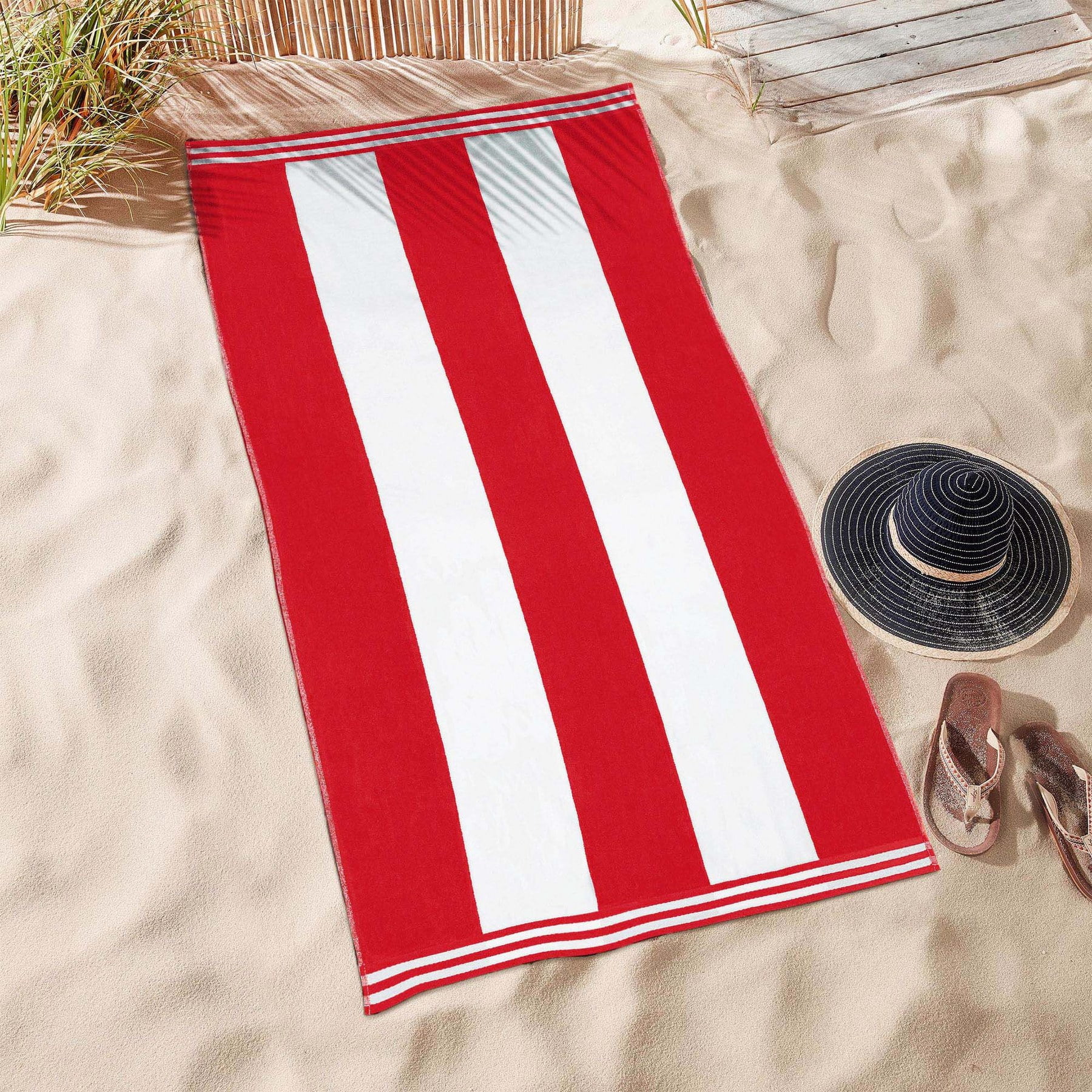 Superior Cabana Striped 1-Piece Oversized Cotton Beach Towel, Red