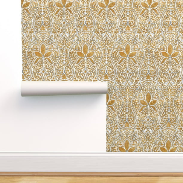 Peel & Stick Wallpaper Swatch White Gold Persian Ikat Holiday Silver