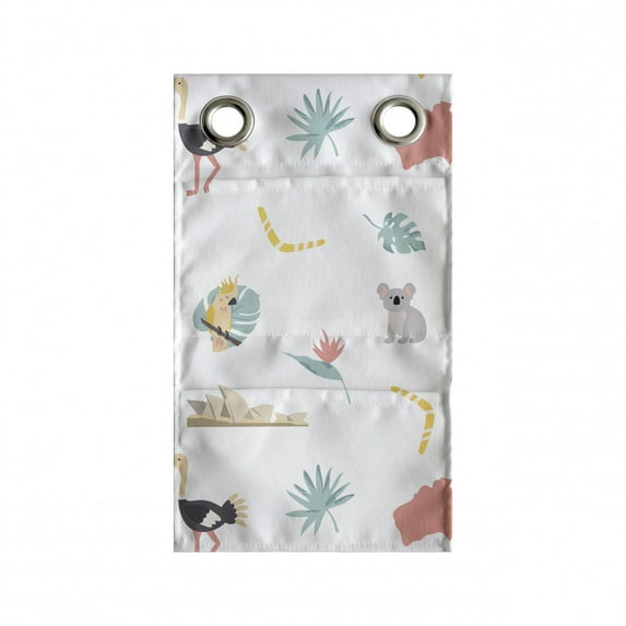 Australian Hanging Pocket Organizer, Continuous Cultural Animals Map Foliage and Landmarks in Pastel Colors Print, Printed Polyester Storage Bag with Pockets, 9" x 16", Multicolor