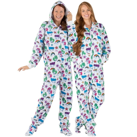 Footed Pajamas - Rainbows N' Unicorns Adult Hoodie Fleece One Piece - Adult - Large (Fits 6'0 - 6'4")
