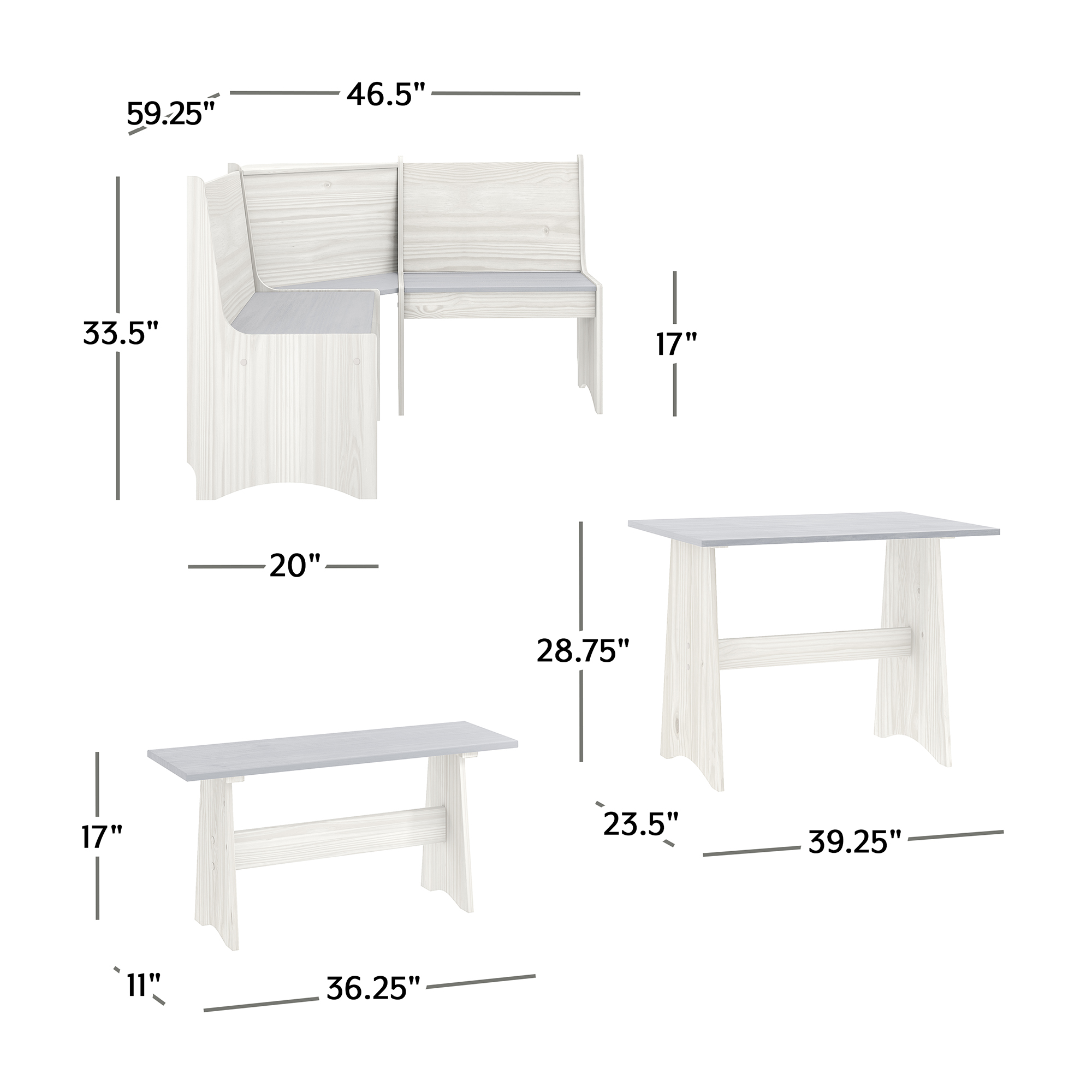 Woven Paths Cottonwood 3-Piece Small Spaces Wood Dining Nook, White/Gray - image 3 of 9