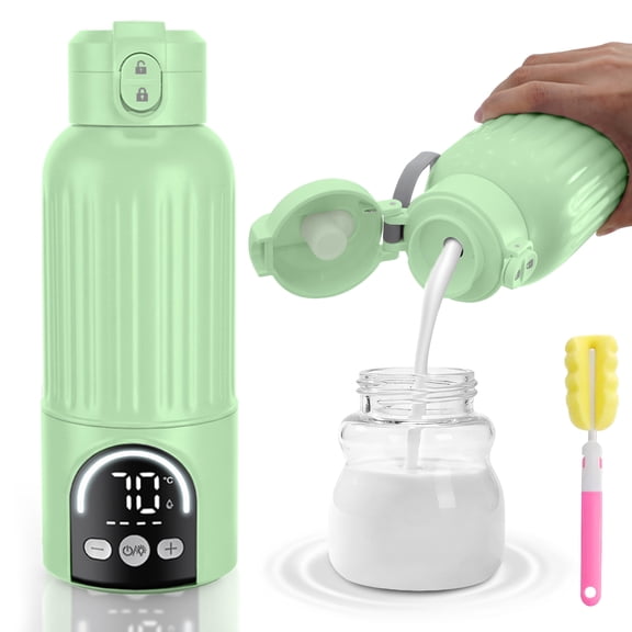 Portable Baby Bottle Warmer for Travel, 120W Fast Heating Breast Milk Warmer with 12000mAh Battery, 500ml, 2 Modes & Temp Control, On-the-Go Warmer with Cleaning Brush (Green) for Newborns & Infants