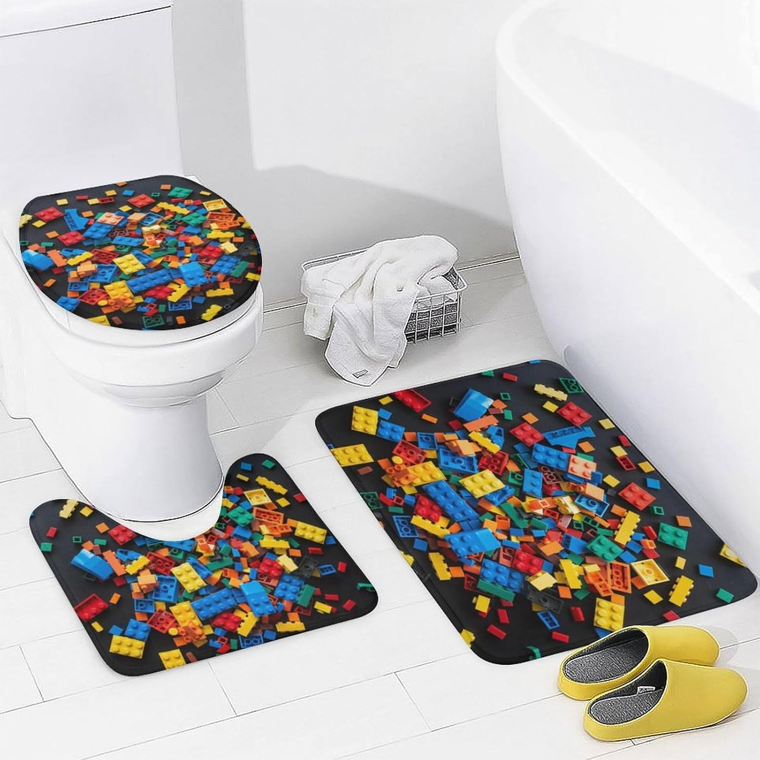 4Pcs Colorful Building Block Brick Shower Curtain Sets with Rugs, Toilet Lid Cover and Bath Mat, Geometric Bathroom Shower Curtains Set with 12 Hooks