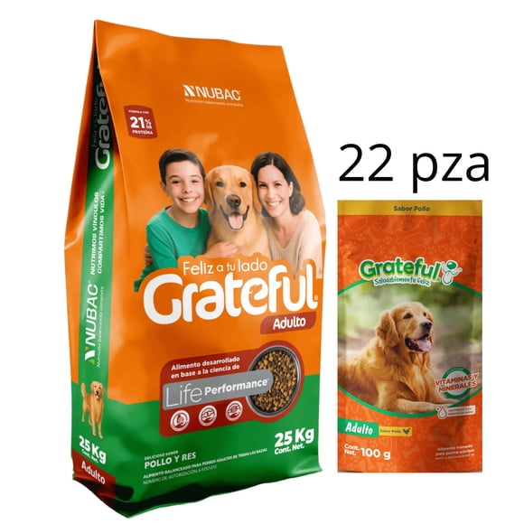 Grateful 25 Kg + Caja Alimento Humedo Sobre Grateful 100 gr (22 Pzas)