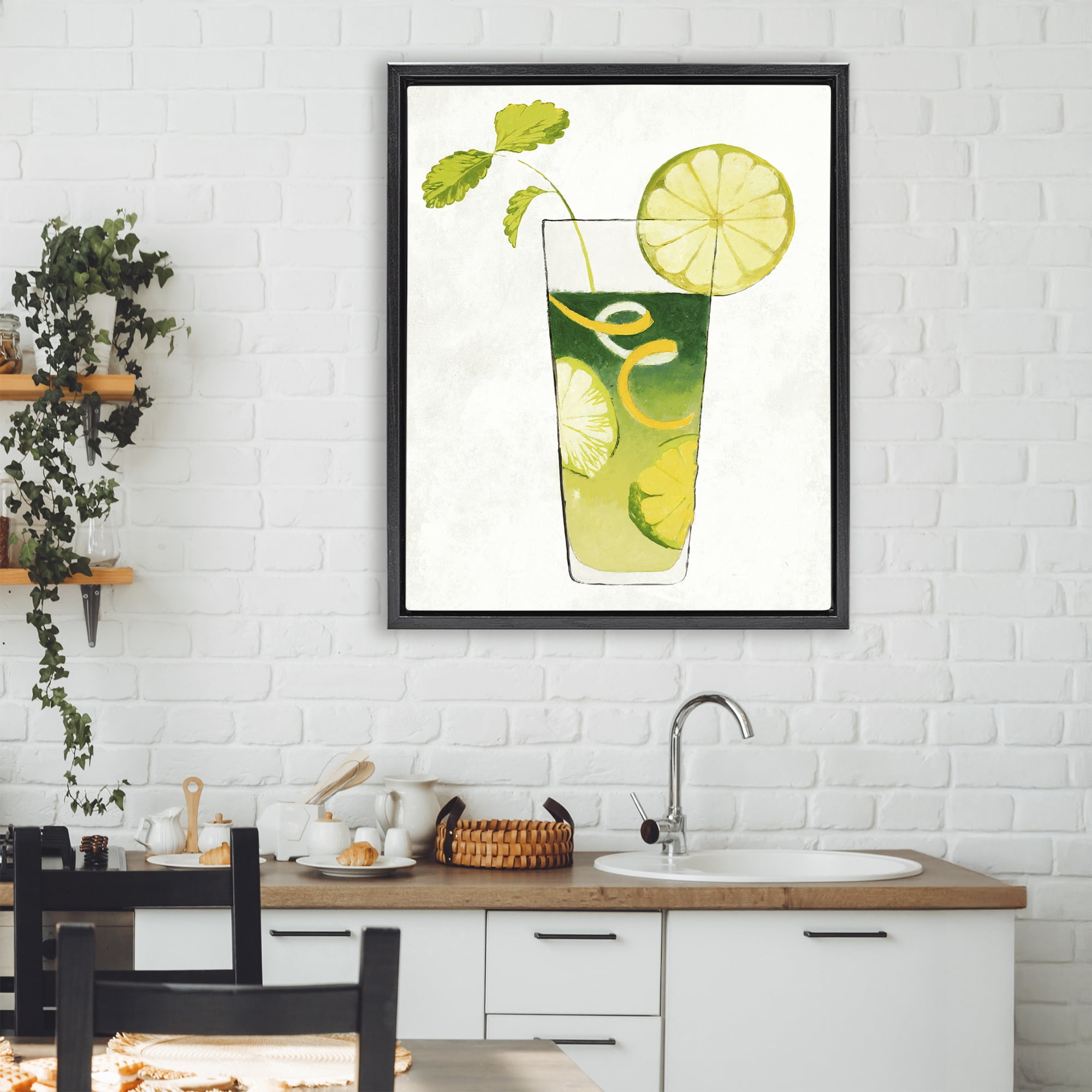 Stupell Industries Summer Cocktail Lime Mint Black Framed Floater Canvas Wall Art, design by Lorenzo Collective