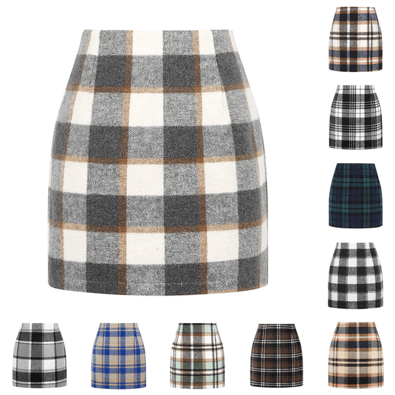 Cyglowse Womens Plaid Mini Skirt Fall Winter High Elastic Waist Short Pencil Skirt Light Gray S