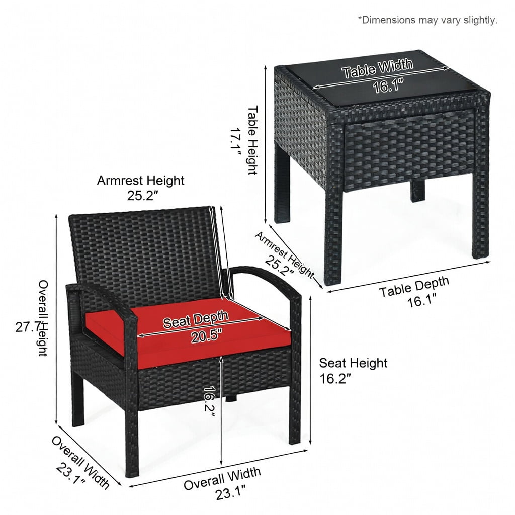 Hommoo 3-Piece Outdoor Wicker Patio Conversation Set, Rattan Chairs + Red Cushions + Tempered Glass Table for Backyard, Balcony & Poolside, Red