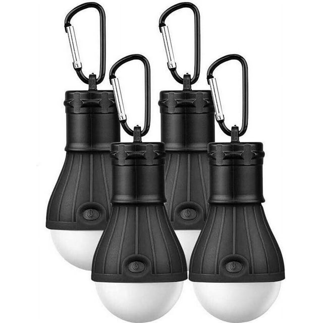 Lámparas de camping LED, 4 piezas de lámpara de camping LED, luz de camping con gancho de mosquetón, juego de bombillas de luz de tienda de campaña con linterna portátil