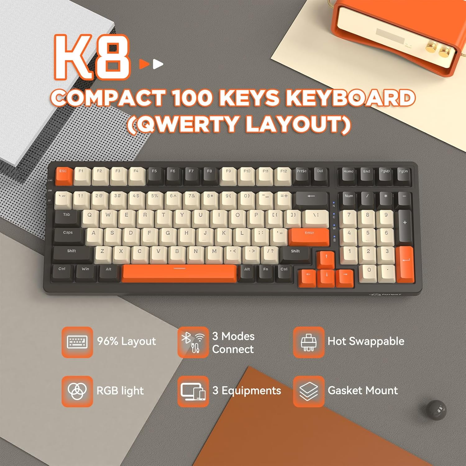 ZIYOULANG K8 3-Mode Wireless Mechanical Keyboard with Coiled Cable, BT5.0/2.4G/Wired, 19 Backlit,100 Keys Hot Swappable Red Switch Gasket RGB with Number Pad for PC Gamers/Mac/Windows/Laptop-Orange