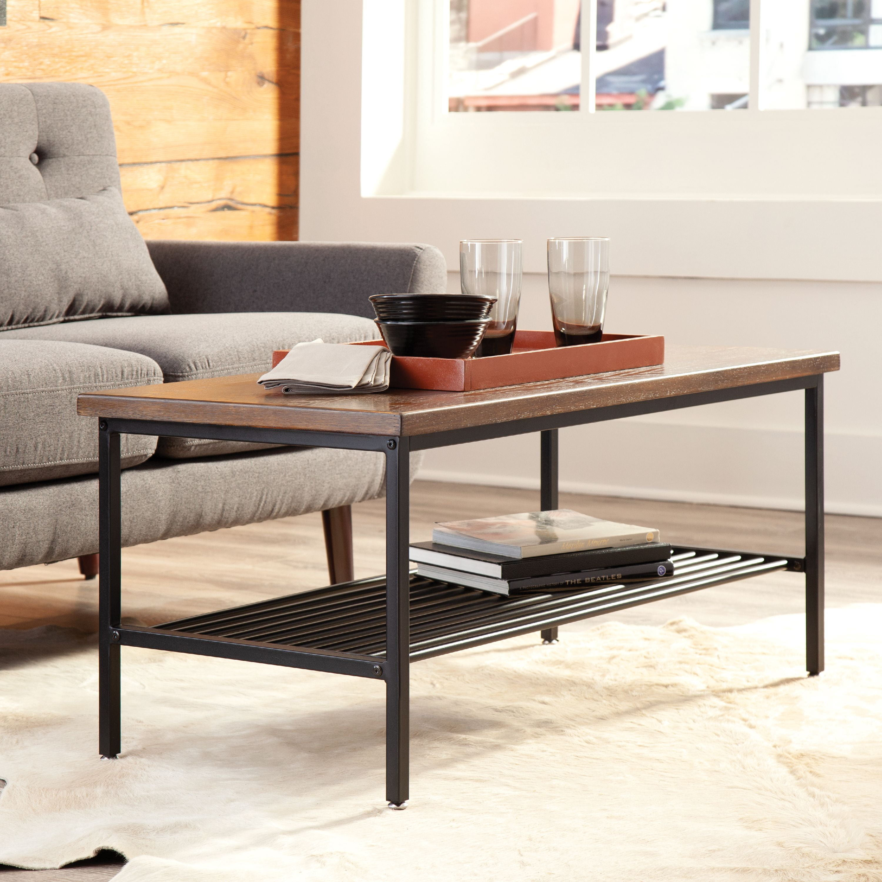 OFM Industrial Modern Wood Top/Metal Frame Coffee Table with Metal