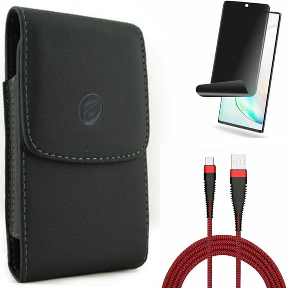 Privacy Screen Protector & Case Belt Clip & 10ft USB Cable for Samsung Galaxy Note 20 (6.7") - Combo with TPU Film Anti-Peep & Leather Holster & Type-C Charger Cord