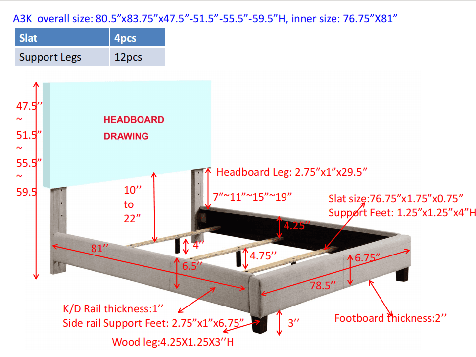 BSHTI Livingroom Modern King Size Platform Bed Frame with Upholstered Headboard and wood slats support for Livingroom, Box Spring Required
