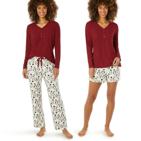 

Eddie Bauer 3-Piece Waffle Knit Pajama Set for Women – Long Sleeve V-Neck Henley Matching Print Pants & Shorts Assorted Colors - 2 X-Large