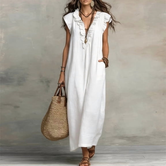 Morttic Women's Minimalist Solid Color Ruffle V-Neck Casual Beach Maxi Dress with Pockets, Loose Fit Summer Outfit White,S